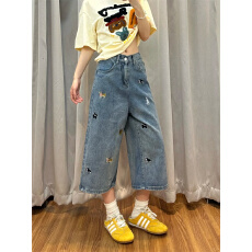 批发微<b class='q'>胖</b><b class='q'>mm</b><b class='q'>美式</b>卡通小狗刺绣牛仔七分裤女夏季新款高级感宽松直筒中裤