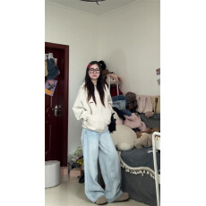 批发美式复古浅蓝色阔腿<b class='q'>牛仔裤</b>女夏季2026新款高腰宽松直筒梧桐长裤子