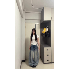 浅蓝色低腰阔腿牛仔裤女夏季新款美式水洗宽松显瘦长裤垂感弯刀裤