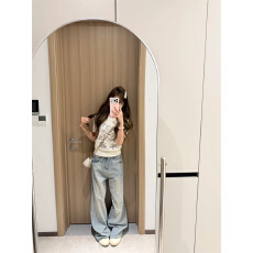 满天星烫钻低腰重工牛仔裤夏季设计感宽松直筒阔腿带钻爆闪裤子