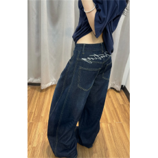 美式复古刺绣弯刀工装牛仔裤女夏季阔腿宽松哈伦梧桐镰刀拖地裤子