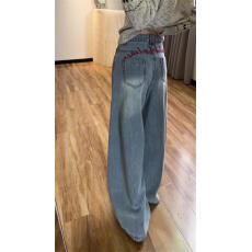 美式复古刺绣弯刀牛仔裤夏季2026新款高腰宽松直筒阔腿镰刀裤子