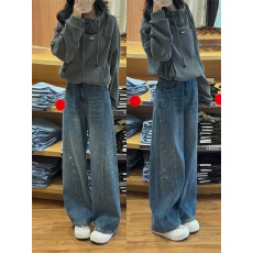 复古蓝烫钻弯刀牛仔裤夏季新款高腰显瘦宽松直筒垂感拖地阔腿裤