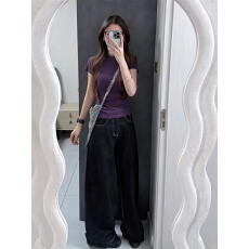 批发大码2026夏季新款小个子美式深色水洗<b class='q'>高腰</b>窄版牛仔裤女直筒<b class='q'>阔腿裤</b>