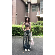 批发美式复古做旧磨白弯刀牛仔裤女夏季<b class='q'>高腰</b>宽松直筒梧桐阔腿镰刀裤子