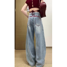 批发美式复古牛仔裤女夏季后腰刺绣设计感弯刀裤时尚百搭宽松<b class='q'>阔腿裤</b>子