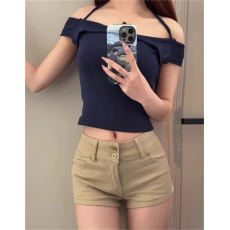 批发微胖mm复古卡其色百搭<b class='q'>牛仔</b><b class='q'>短裤</b>女夏季款<b class='q'>高腰</b>性感紧身辣妹a字热裤