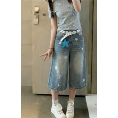 批发美式复古星星印花七分<b class='q'>牛仔</b>裤女夏季八分过膝中裤直筒梧桐阔腿<b class='q'>短裤</b>