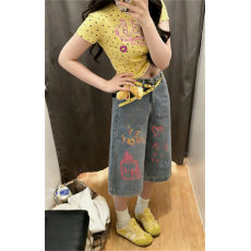 批发美式复古多巴胺涂鸦印花七分<b class='q'>牛仔</b>裤女夏季八分过膝中裤六分<b class='q'>短裤</b>子