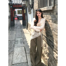 批发牛仔裤女夏季高个子加长版阔腿裤大码胖mm宽松遮肉显瘦卡其色裤子