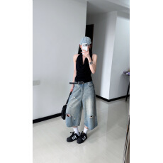 批发<b class='q'>大码</b>bf慵懒风美式薄款七分牛仔<b class='q'>短裤</b>女夏季2026新款宽松破洞阔腿裤