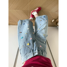 批发美式多巴胺彩色纽扣七分牛仔裤女夏季宽松直筒阔腿中裤六分<b class='q'>短裤</b>子