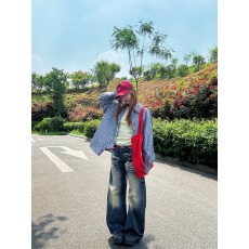 美式复古做旧磨白弯刀牛仔裤女夏季高腰宽松直筒梧桐阔腿镰刀裤子