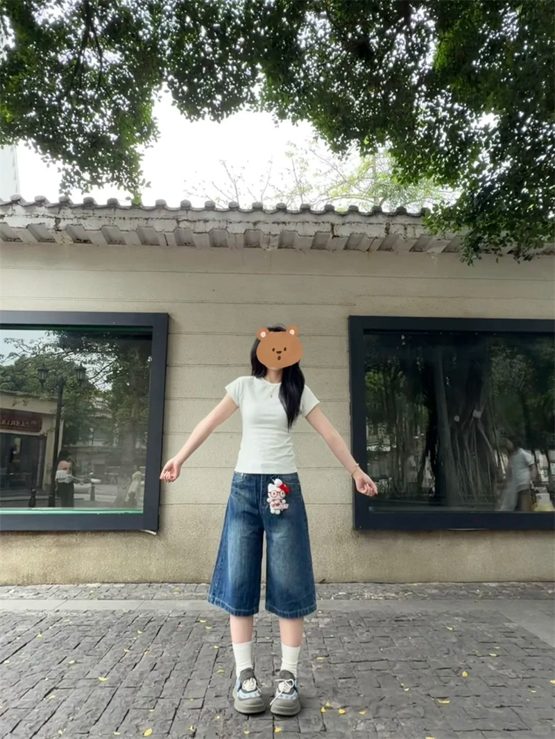 디자인 센스 7 점 청바지 여성 여름 마 오래된 연삭 화이트 루즈핏 슬림해 보이는 바지 하이웨이스트 작은 키 넓은 다리가 짧다. 바지