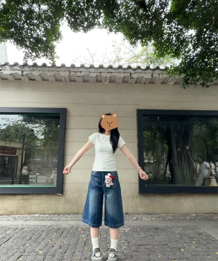 디자인 센스 7 점 청바지 여성 여름 마 오래된 연삭 화이트 루즈핏 슬림해 보이는 바지 하이웨이스트 작은 키 넓은 다리가 짧다. 바지