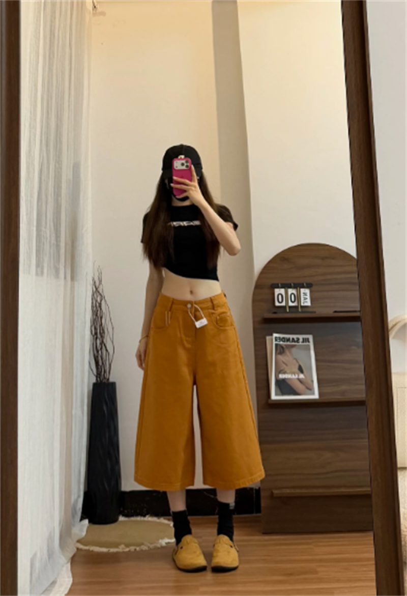 데님 7부 바지 여성 여름 얇은 스타일 작은 키 슬림해 보이는 넓은 다리가 짧다. 바지 도파민 주황색 다용도 캐주얼 바지