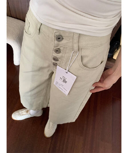 얕은 카키 7 점 데님 와이드 레깅스 바지 여름 새로운 싱글 줄 버튼 디자인 센스 루즈핏 캐주얼 바지
