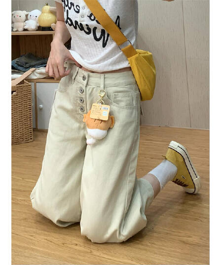 카키 색 아메리칸 스트레이트 외국 가스 7 점 와이드 레그 팬츠 단추 디자인 센스 다용도 청바지