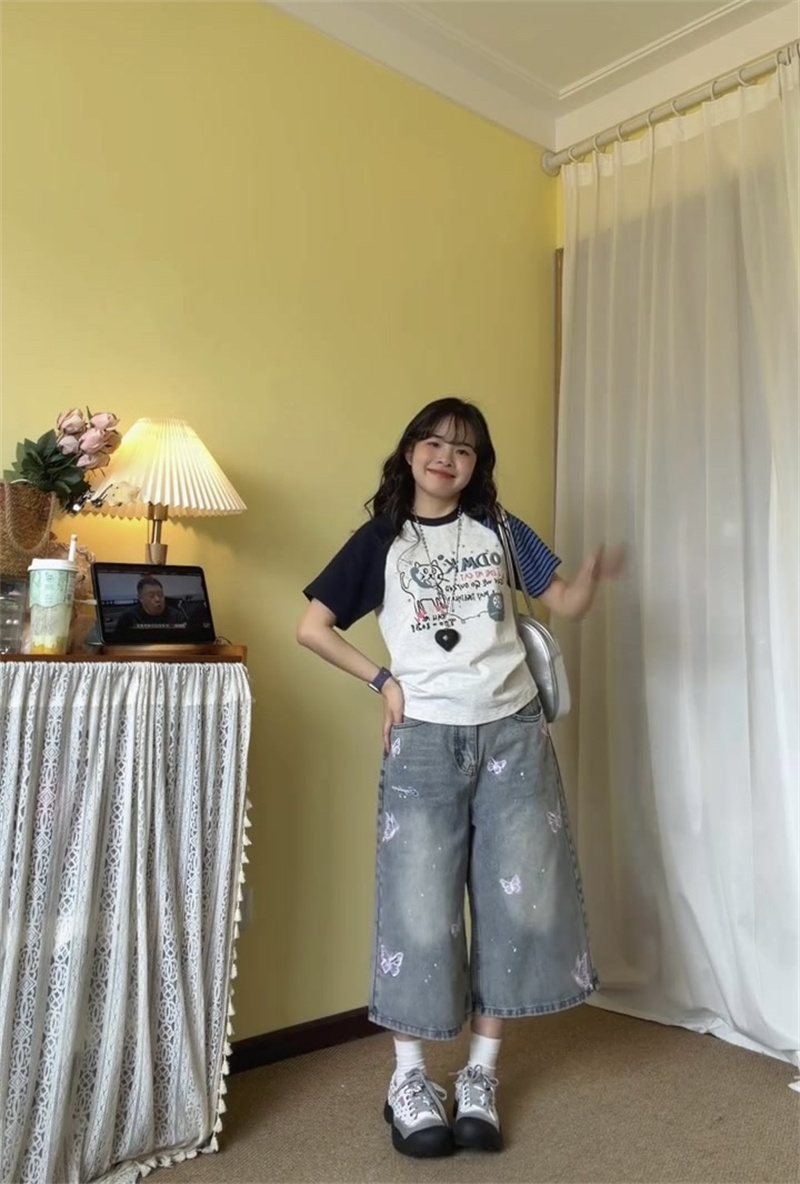 데님 7부 바지 여성 여름 얇은 스타일 작은 키 슬림해 보이는 와이드 레그 팬츠 나비 전체 인쇄 그라데이션 디자인 센스 중 바지