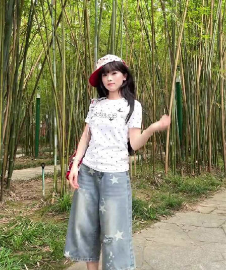 아메리칸 레트로 별 프린트 7 점 청바지 여성 여름 키 큰 남자 루즈핏 와이드 레그 팬츠 캐주얼 다용도 바지
