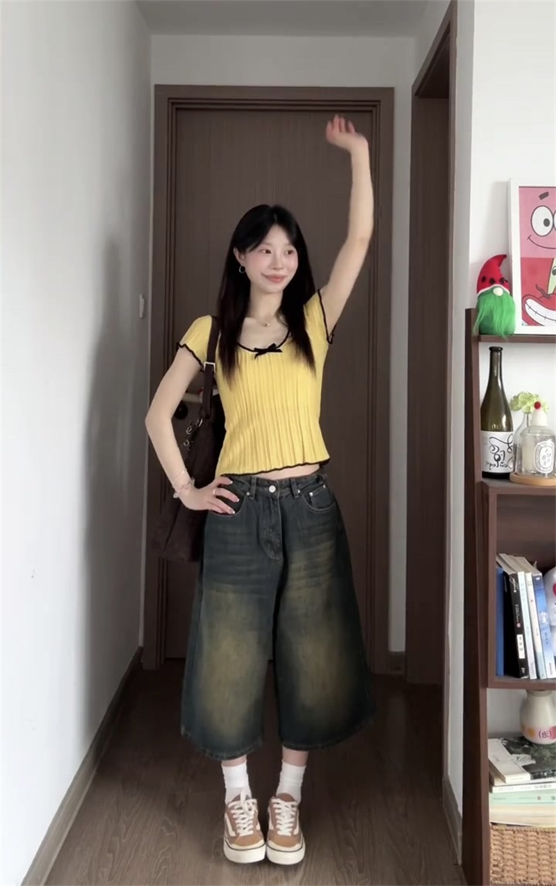 키 큰 남자 7부 바지 여성 여름 폭발 루즈핏 슬림해 보이는 넓은 다리가 짧다. 바지 느긋한 센스 다용도 스트레이트 데님 바지