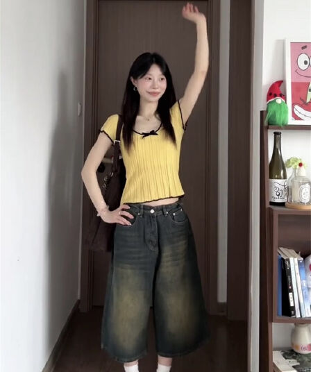 키 큰 남자 7부 바지 여성 여름 폭발 루즈핏 슬림해 보이는 넓은 다리가 짧다. 바지 느긋한 센스 다용도 스트레이트 데님 바지