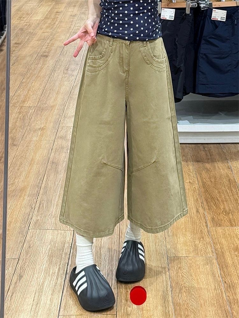 카키 색 데님 반바지 여성 여름 작은 키 루즈핏 느긋한 바람 7 점 바지 아메리칸 디자인 센스 와이드 레그 팬츠