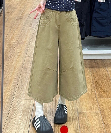 카키 색 데님 반바지 여성 여름 작은 키 루즈핏 느긋한 바람 7 점 바지 아메리칸 디자인 센스 와이드 레그 팬츠
