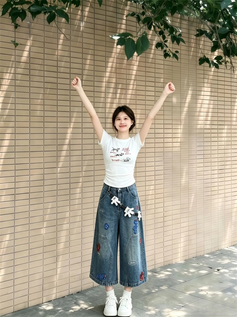 아메리칸 높음 거리 레트로 7 점 청바지 여성 여름 출퇴근 다용도 반바지 루즈핏 넓은 다리 스트레이트 무릎 아래 바지