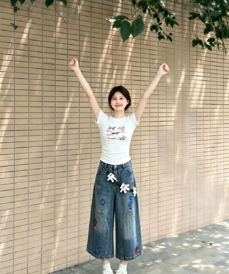 아메리칸 높음 거리 레트로 7 점 청바지 여성 여름 출퇴근 다용도 반바지 루즈핏 넓은 다리 스트레이트 무릎 아래 바지
