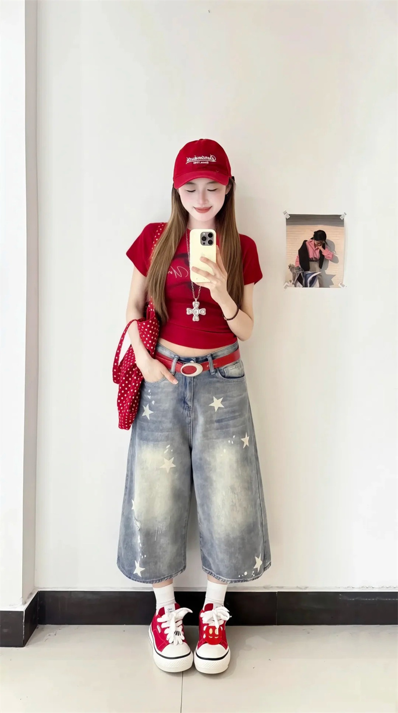 아메리칸 레트로 별 프린트 찢어진 부분 7 점 청바지 여성 여름 8 점 무릎 아래 바지 스트레이트 넓은 다리가 짧다. 바지
