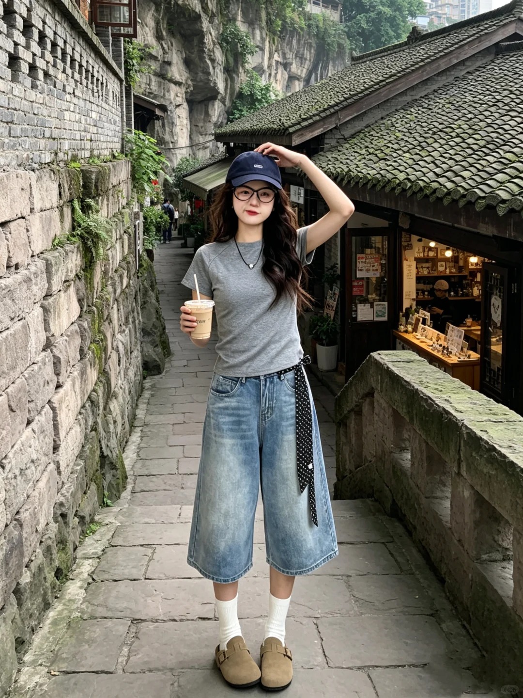 아메리칸 레트로 7 점 청바지 여성 여름 하이웨이스트 루즈핏 슬림해 보이는 8 점 바지 넓은 다리 스트레이트 5 점 반바지