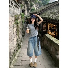 批发美式复古七分牛仔裤女夏季<b class='q'>高腰</b>宽松显瘦八分中裤阔腿直筒五分短裤