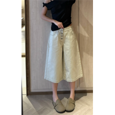 批发美式复古卡其色七分牛仔裤女夏季小个子<b class='q'>高腰</b>宽松直筒六分中裤短裤