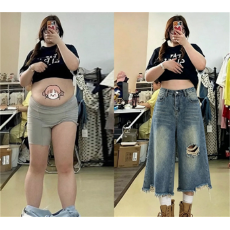 批发美式复古破洞七分牛仔裤女夏季<b class='q'>高腰</b>宽松直筒阔腿裤不贴腿五分短裤