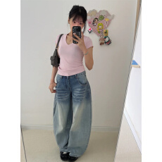 批发美式复古猫须弯刀<b class='q'>牛仔裤</b><b class='q'>女</b>夏季2026新款高腰宽松直筒阔腿镰刀裤子