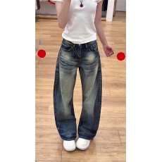 批发美式复古做旧磨白弯刀<b class='q'>牛仔裤</b><b class='q'>女</b>夏季高腰宽松直筒梧桐阔腿镰刀裤子