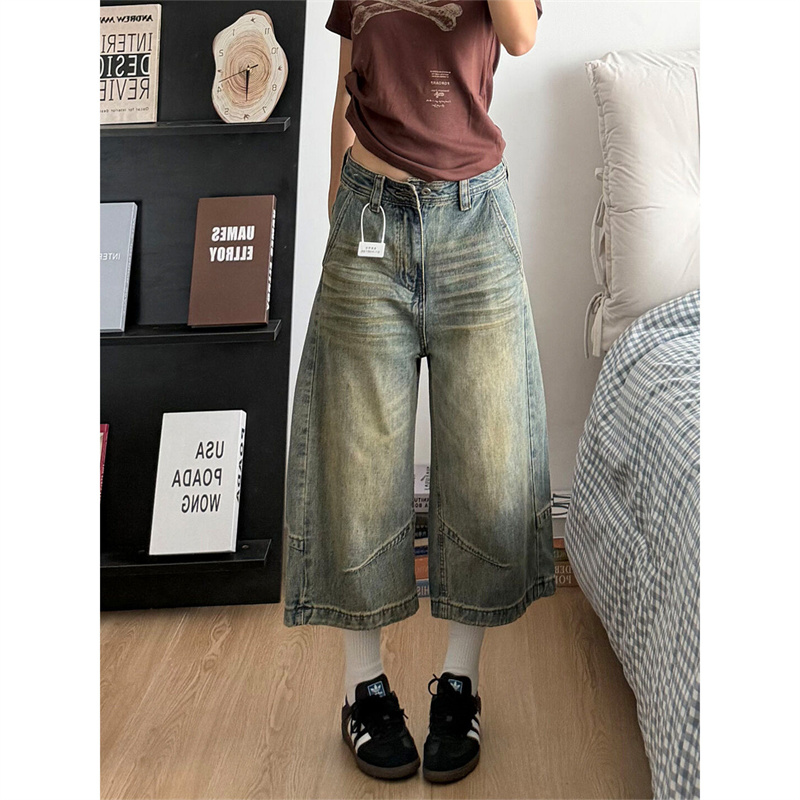 노스탤지어 워싱 데님 프로필 모양 7부 바지 여성 여름 새로운 넓은 다리 스트레이트 데님 캐주얼 바지