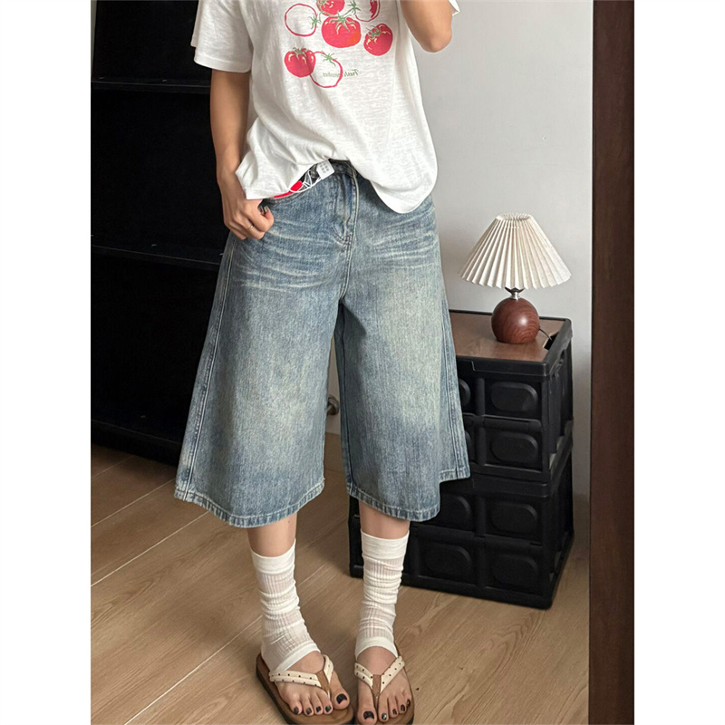 아메리칸 레트로 데님 7부 바지 여성 여름 새로운 넓은 다리가 짧다. 바지 워싱 마 오래된 루즈핏 다용도 스트레이트 바지