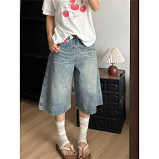 批发美式复古牛仔七分<b class='q'>裤</b>女<b class='q'>夏季</b>新款阔腿短<b class='q'>裤</b>水洗做旧宽松百搭直筒中<b class='q'>裤</b>