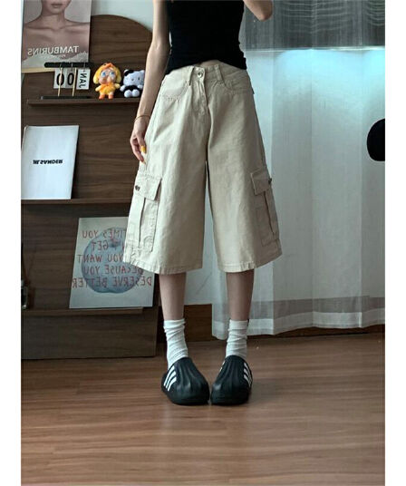 아메리칸 루즈핏 도루 센스 슬림해 보이는 워크웨어 청바지 여성 기타 주머니 디자인 넓은 다리 7부 바지