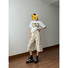 夏季高腰七分工装牛仔裤女宽松显瘦美式设计感中裤