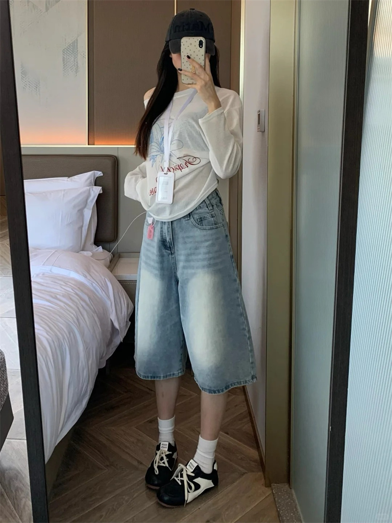 데님 반바지 여성 여름 하늘색 고급 센스 캐주얼 도루 센스 다용도 7부 바지 지방 mm 슬림해 보이는 넓은 다리 바지