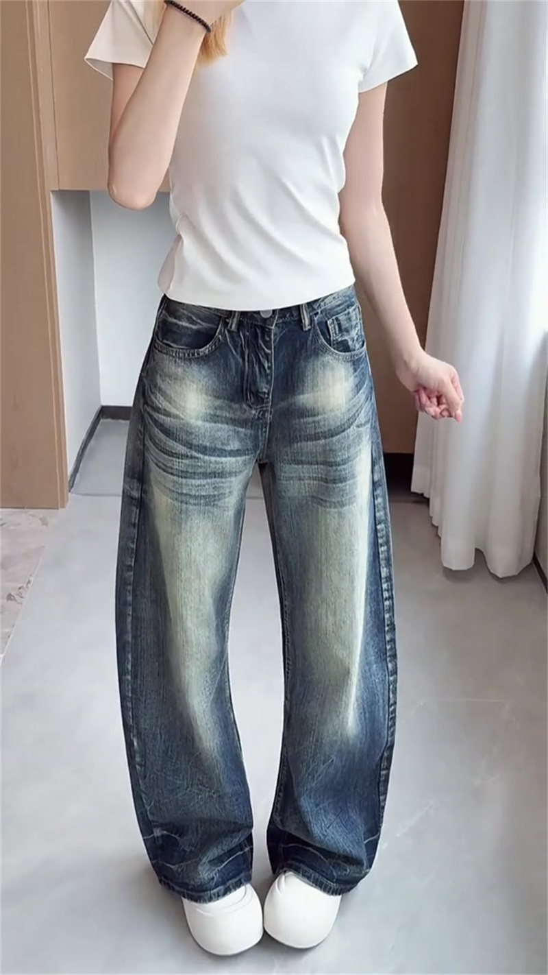 아메리칸 레트로 마 오래된 연삭 화이트 모통이 칼 청바지 여성 여름 하이웨이스트 루즈핏 스트레이트 벽오동 넓은 다리 낫 바지