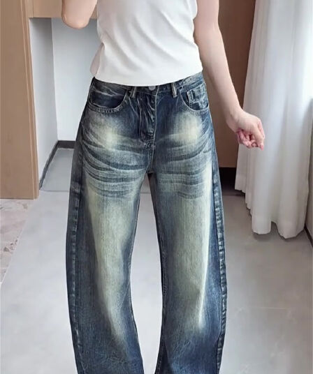아메리칸 레트로 마 오래된 연삭 화이트 모통이 칼 청바지 여성 여름 하이웨이스트 루즈핏 스트레이트 벽오동 넓은 다리 낫 바지