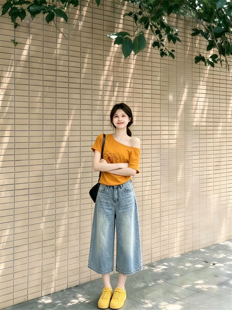 아메리칸 레트로 7 점 청바지 여성 여름 하이웨이스트 루즈핏 슬림해 보이는 8 점 바지 넓은 다리 스트레이트 5 점 반바지