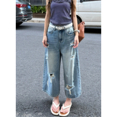 美式复古破洞七分牛仔裤女夏季2026新款宽松阔腿过膝中裤7分短裤