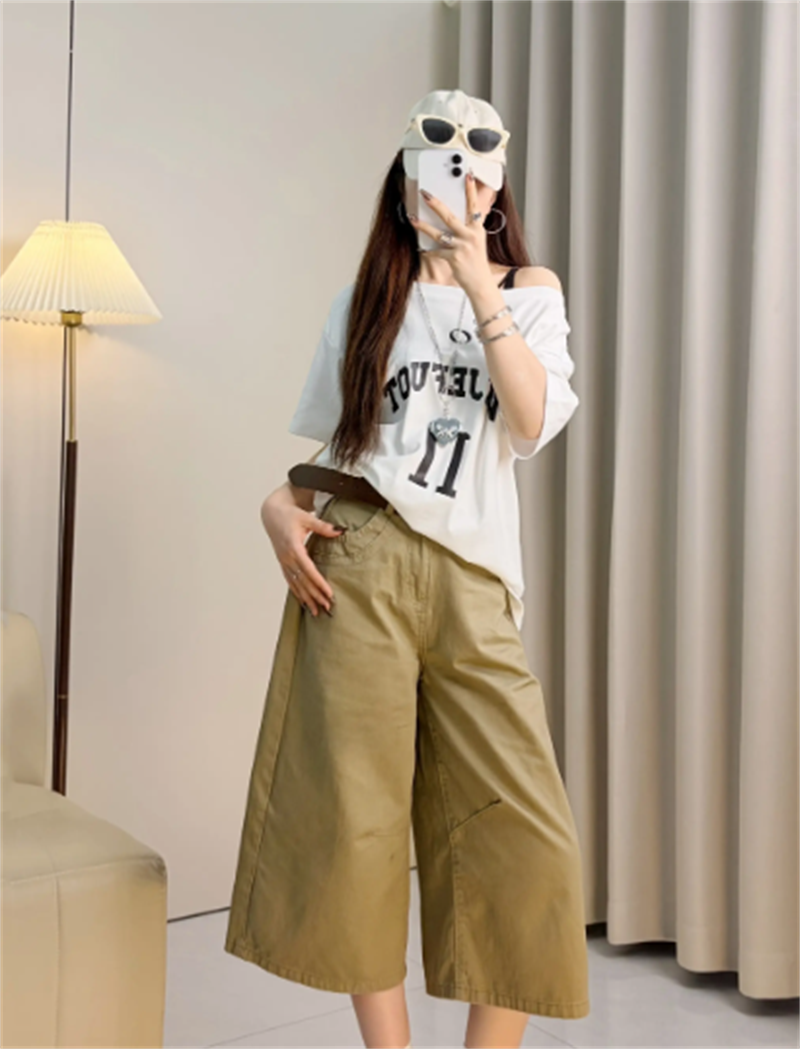 아메리칸 레트로 카키 색 7 점 청바지 여성 봄 여름 2026 새로운 루즈핏 스트레이트 넓은 다리 6 점 반바지
