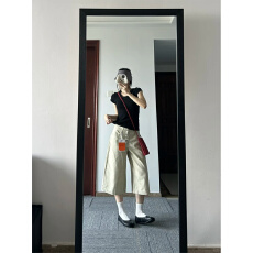 美式复古卡其色七分牛仔裤女夏季小个子高腰宽松直筒六分中裤短裤
