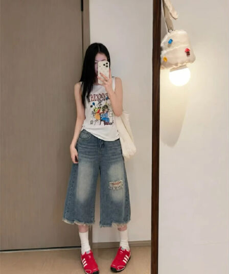 아메리칸 레트로 마 오래된 거친 가장자리 찢어진 부분 7 점 청바지 여성 여름 하이웨이스트 루즈핏 넓은 다리 바지 7 분 반바지